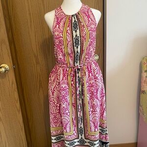 LOFT Pink and Black Patterned Midi Dress